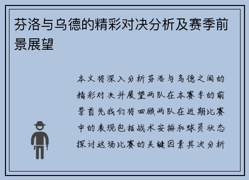 芬洛与乌德的精彩对决分析及赛季前景展望