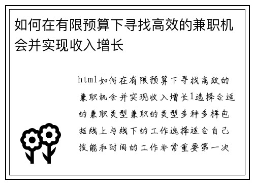 如何在有限预算下寻找高效的兼职机会并实现收入增长