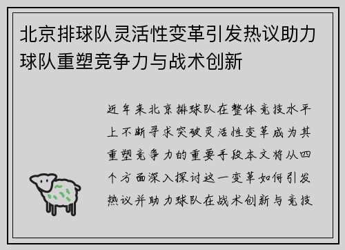 北京排球队灵活性变革引发热议助力球队重塑竞争力与战术创新
