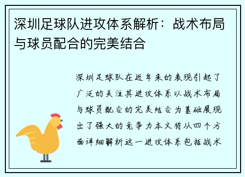 深圳足球队进攻体系解析：战术布局与球员配合的完美结合