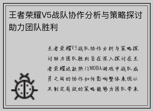 王者荣耀V5战队协作分析与策略探讨助力团队胜利