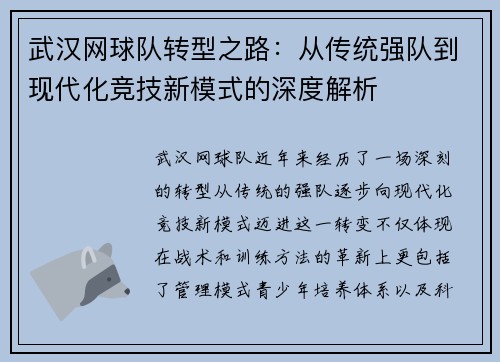 武汉网球队转型之路：从传统强队到现代化竞技新模式的深度解析