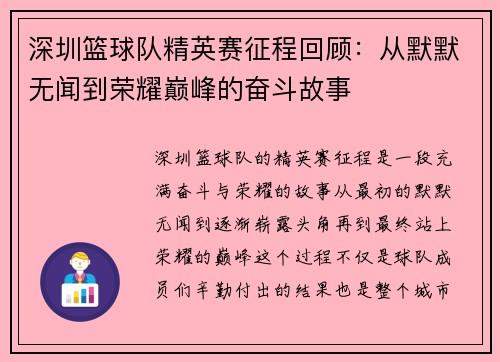 深圳篮球队精英赛征程回顾：从默默无闻到荣耀巅峰的奋斗故事