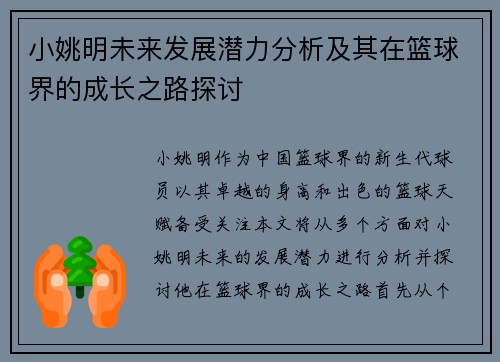 小姚明未来发展潜力分析及其在篮球界的成长之路探讨