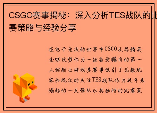 CSGO赛事揭秘：深入分析TES战队的比赛策略与经验分享