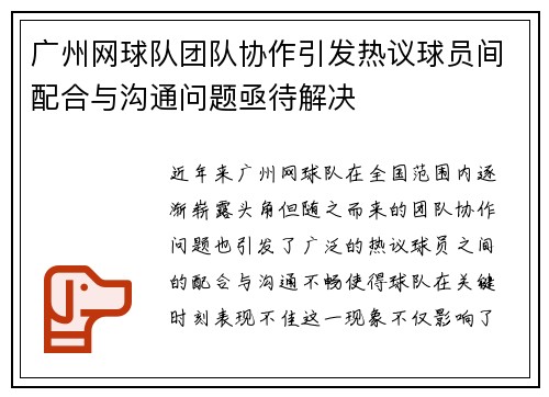 广州网球队团队协作引发热议球员间配合与沟通问题亟待解决