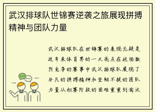武汉排球队世锦赛逆袭之旅展现拼搏精神与团队力量